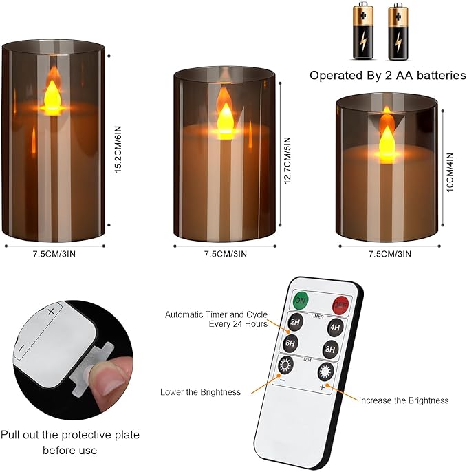wemarry Flameless Candles 4" 5" 6" Acrylic Glass Pillars 3" Diameter Battery Operated Flickering Candles Include 8-Key Remote with Timer Function 400+ Hours (Gray, Warm Light 12 Pack)