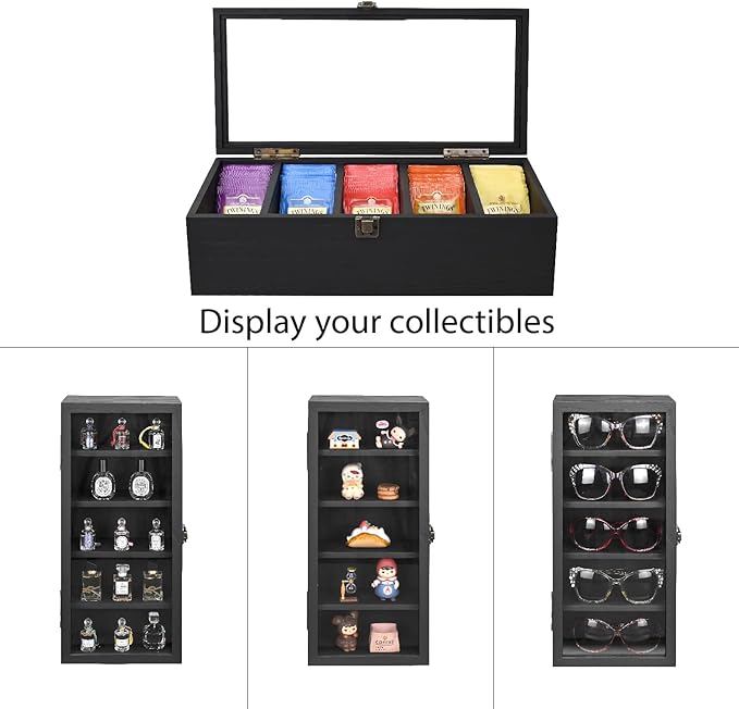 Ikee Design Wall Mounted Wooden Collectible Display Case 5 Shelf Display Storage Accessories with Tempered Glass Door, Black Color