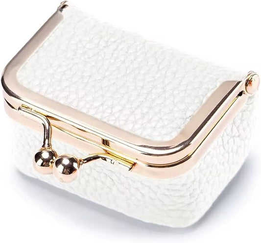 Genuine Leather Mini Jewelry Box for Women, Square Coin Purse with Kiss Lock, Jewelry Organizer Travel Case (Small, Creamy)