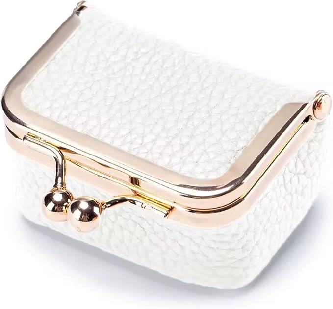 Genuine Leather Mini Jewelry Box for Women, Square Coin Purse with Kiss Lock, Jewelry Organizer Travel Case (Medium, Creamy)