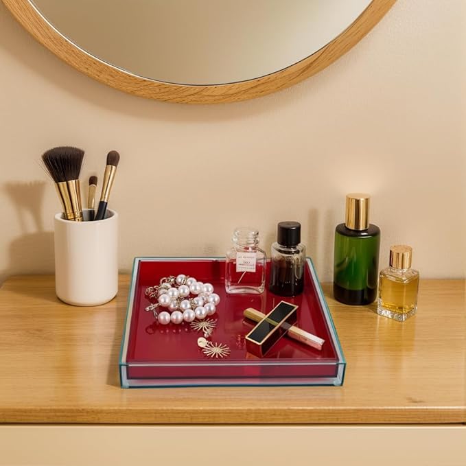 Red Acrylic Tray -10"x10" Multipurpose Square Decorative Tray for Perfume Display & Serving, Bathroom Sink Vanity Organizer Tray for Bathroom, Vanity, Coffee Table, Living Room Decor