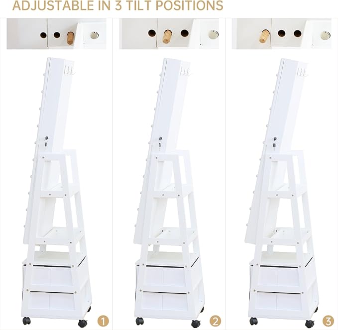 Jewelry Armoire Cabinet Organizer Standing with 20 LED Lights Lockable Full Length Mirror with Storage Shelves and 2 Drawers (White) Adjustable Tilt Angles Gift for Her