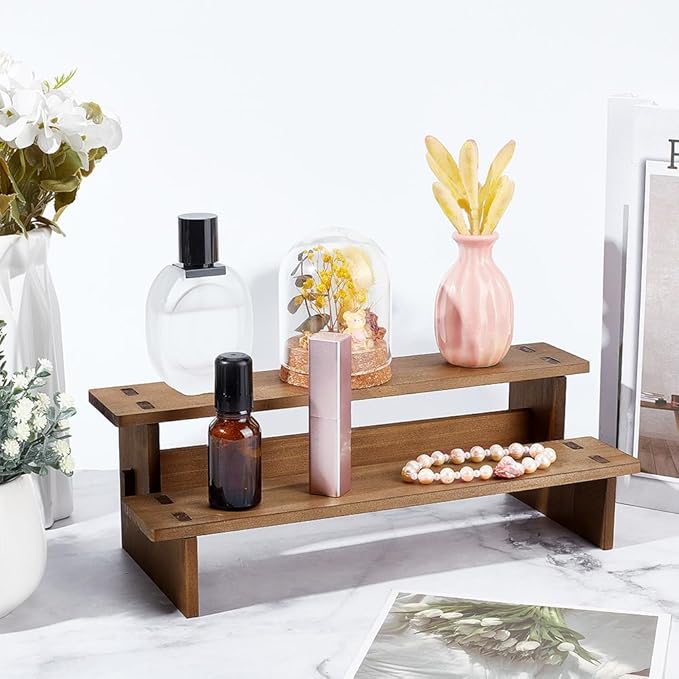 NBEADS 2-Tier Wooden Display Riser Shelf, 4.69x11.65x3.78 Inch Camel Tabletop Small Food Stand Risers Display Makeup Step Perfume Organizer for Fragrance Cosmetics Figure Collection