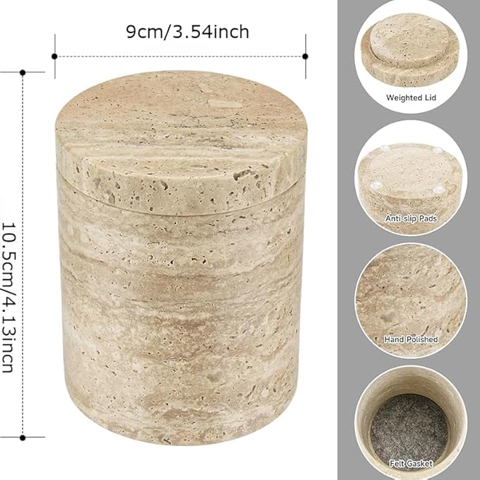 Natural Marble Storage Round Containers Cotton Swab Holder, Organizers with Lids,Travertine Stone Box for Qtips, Makeup, Bathroom Essentials & Home Storage (round box)