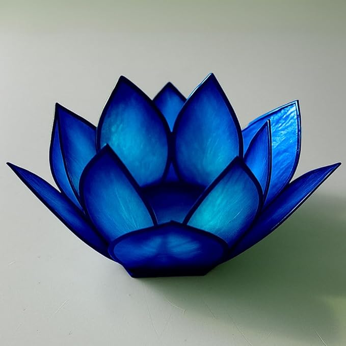 Om Gallery Capiz Shell Lotus Flower Decor Tealight Candle Holder for Serene Ambiance -Decorative Natural Shell Mini Candle Holders for Meditation, and Relaxation, Dark Blue