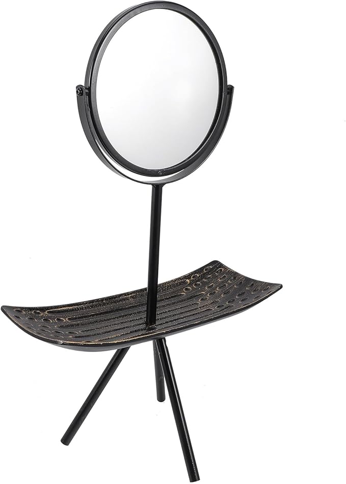 SAFIGLE Rotating European Style Makeup Mirror with Large Black Rectangular Jewelry Organizer Tray for Vanity Tabletop Use in Bedroom