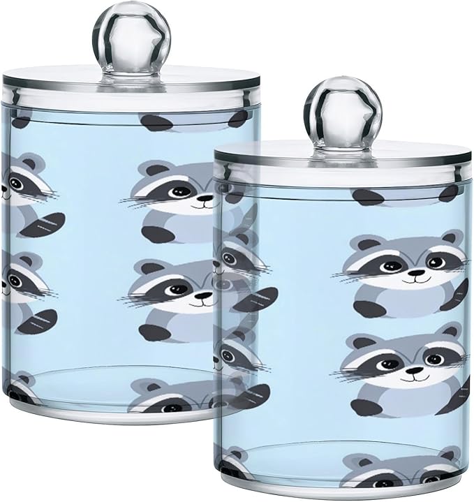 Nander 4Pack Cute Cartoon Raccoon Qtip Holder Dispenser -Clear Plastic Apothecary Jars Set - Restroom Bathroom Makeup Organizers Containers for Cotton Swab, Ball, Pads, Floss
