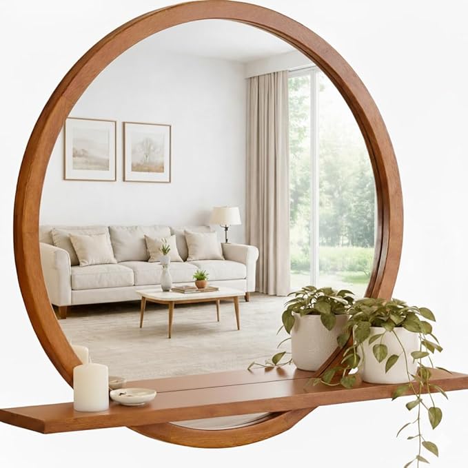 Wall Mirror with Shelf – Wood Circle Mirror for Entryway, Bathroom & Living Room – Unique Elegance & Multifunctional Design – 24 Inch