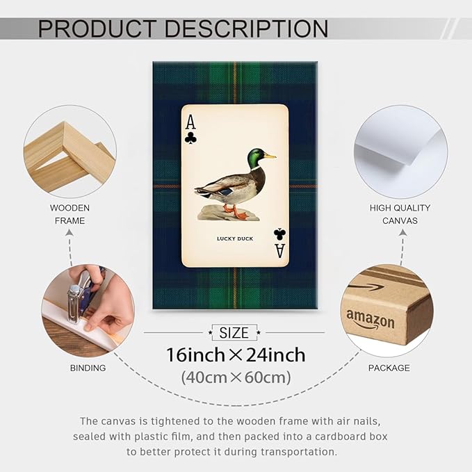 Mallard Duck Playing Card Wall Art Country Lucky Duck Animal Canvas Poster 16X24 inch Framed Nature Rustic Farmhouse Hunting Prints Vintage Wildlife Wall Decor