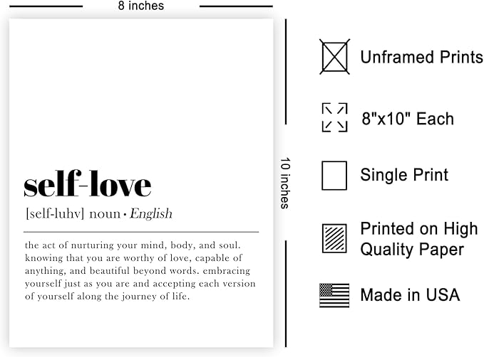 Poster Master Definition of Self Love Print - Typography Poster - Dictionary Art - Minimal Gift for Men & Women - Motivational Decor for Bedroom, Living Room or Dorm - 8x10 UNFRAMED Wall Art
