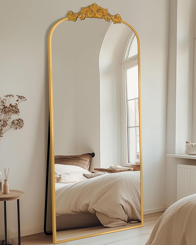 Antok Arched Full Length Mirror, 65"x22" Floor Mirror with Carved, Full Body Mirrors for HomeDecor, Standing/Halling Large Wall Mirror for Bedroom, Living Room, Cloakroom, Gold, Retro Style