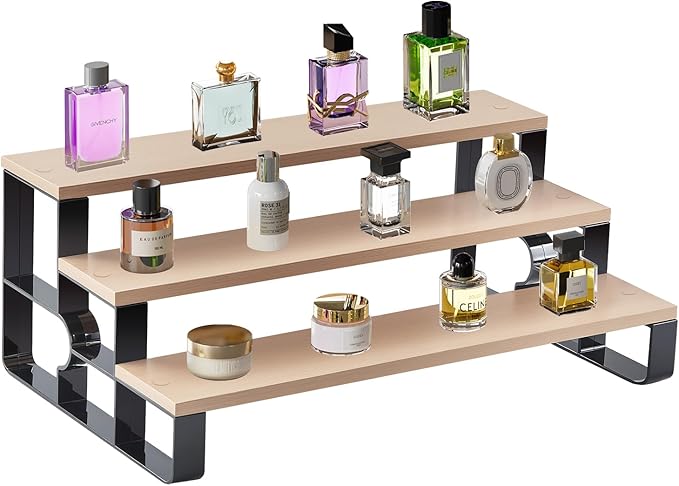 Modern 3-Tier Cologne and Perfume Display Shelf, Gray Wood with Black Frame, Countertop Organizer Stand for Fragrance Storage (Brown, 3 Tiers-Width=14")