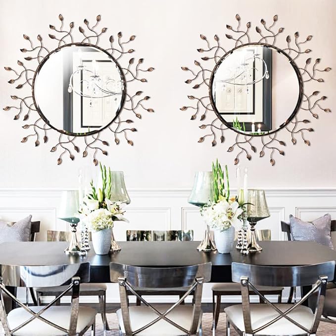 Chende Round Decorative Mirror for Wall Decor, 39" x 39" Large Living Room Mirror with Removable Metal Leaves for Entryway, Home Office, Bedroom,Farmhouse