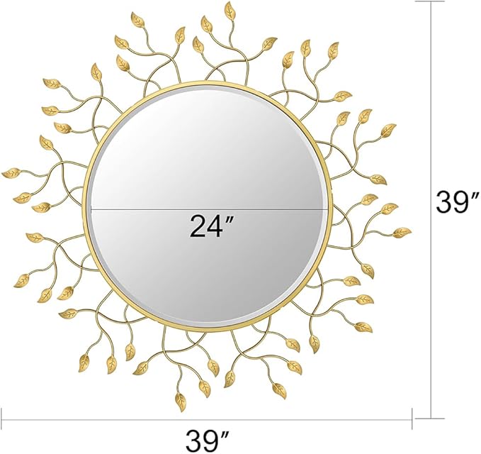 Chende 39" x 39" Gold Decorative Wall Mirror, Large Round Mirror with Metal Leaves, Gold Frame for Living Room, Entrance, Dining Room, Bedroom