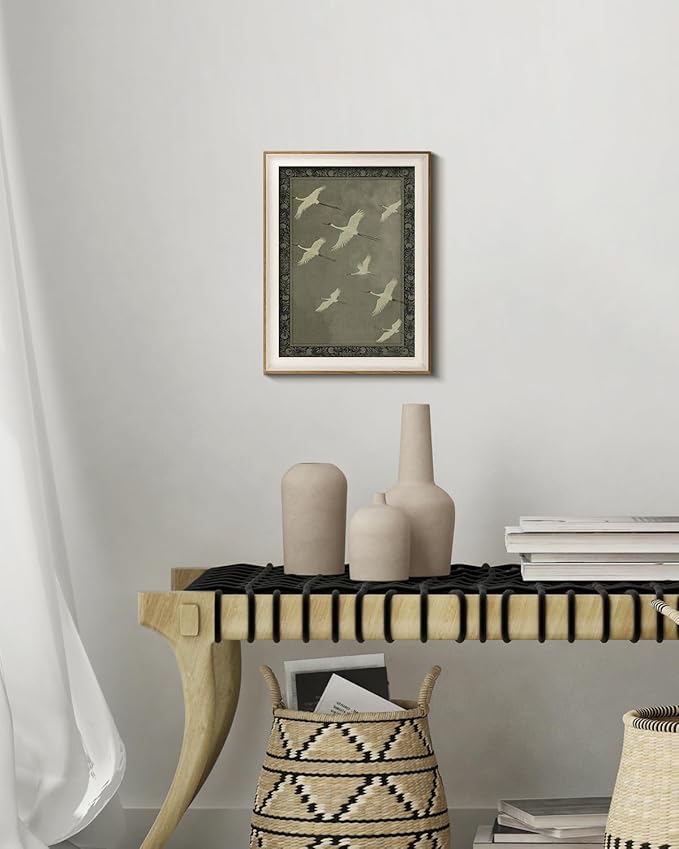 VIYYIEA Framed Wall Art for Living Room, Cranes Canvas Prints, Vintage Home Decor, Animals Painting Picture, Bathroom Wall Decor Gifts for Friends or Family -【Flying Cranes】-(16L x 12W)