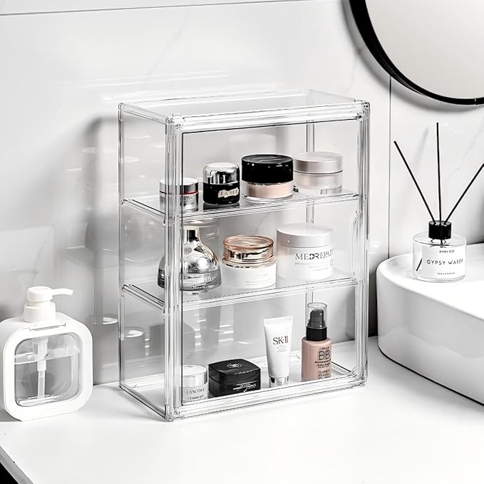 Transparent Acrylic Cosmetic Display Case with Magnetic Door - Stackable Makeup Storage Organizer for Skincare, Perfumes, Jewelry & Collectibles - Dust-Proof Clear Storage Box