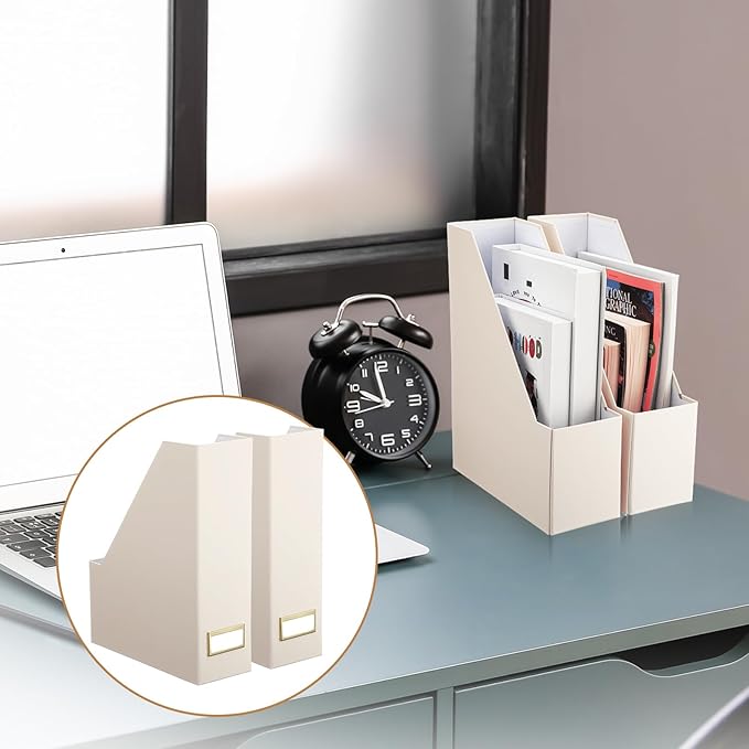 Feifeiya Magazine File Holder Set of 6 Stylish Sturdy Cardboard File Boxes Desk Organizer Beautiful Magazine Holder Rack with Gold Label Holder for Home Office Desktop Bookshelf Classroom(Beige)