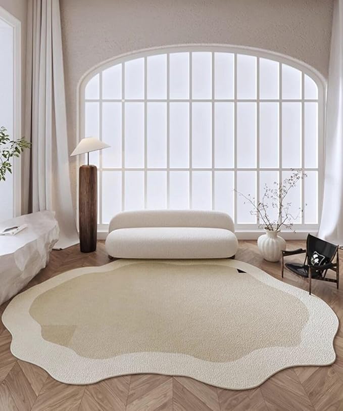 Boho Odd Shaped Rugs Cream Beige Irregular Rug for Living Room Bedroom Home Office Machine Washable Low Pile Shag Carpet 10x12 Minimalist Modern Playroom Nursery Indoor Non Slip Durable Runner Mats
