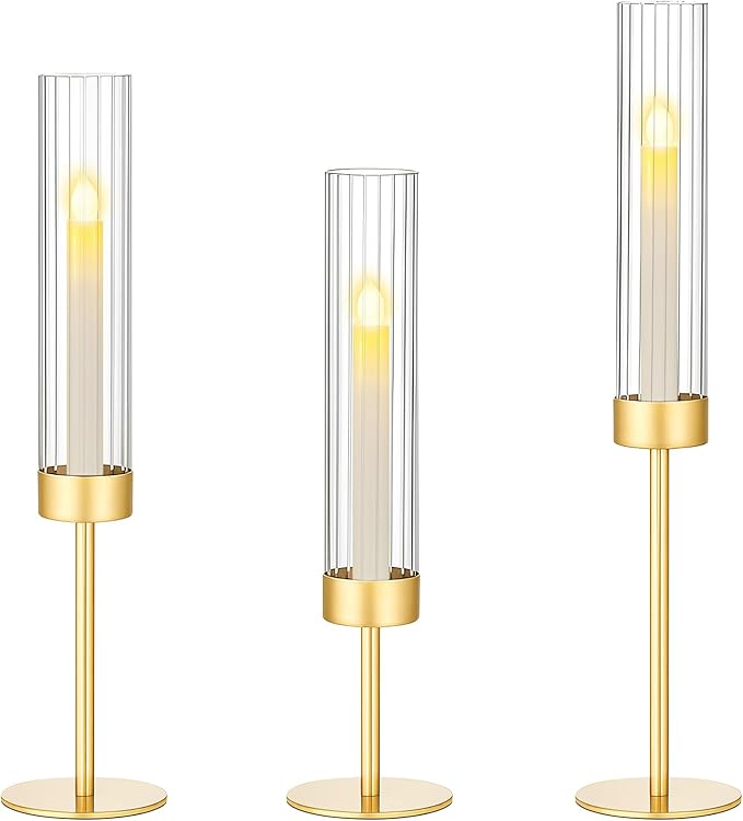 Ninonly Hurricane Candle Holders Set of 3, Tall Brass Candlestick Holders Metal Glass Candle Stands for Wedding Christmas Party Home Table Centerpiece Decorations