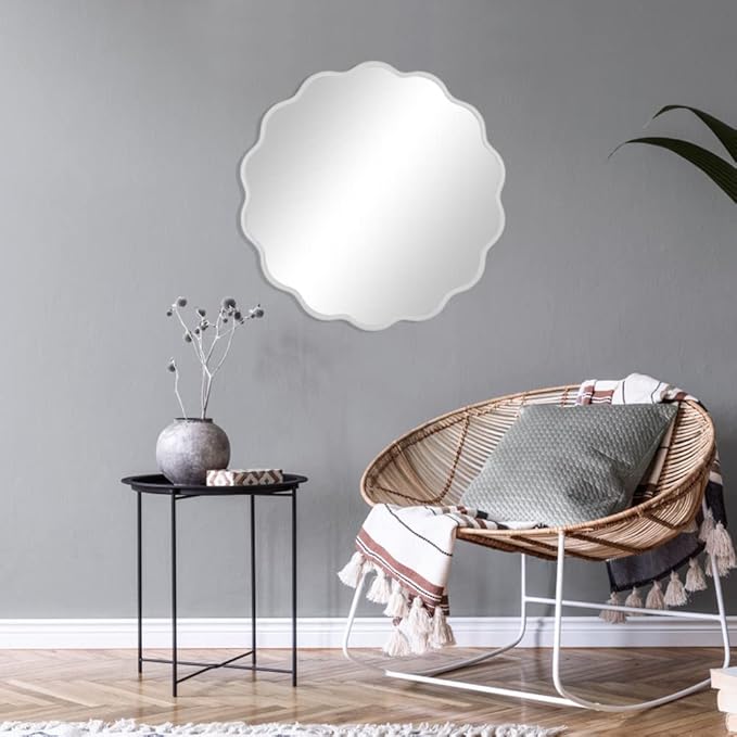 White Round Wavy Mirror for Wall 22 inch Nursery Mirror Decorative Metal Circle Mirrors Scalloped White Hanging Mirror for Bathroom,Bedroom, Dresser, Living Room,Entryway