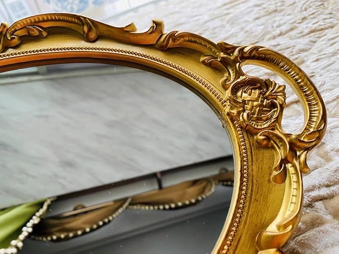Schones Geschaft Decorative Mirror Tray, Makeup Jewelry Perfume Organizer，Vintage Oval Display and Serving Tray for Bedroom Living-Room Dresser Decor (14.6”x 9.8”) (Golden - Oval)