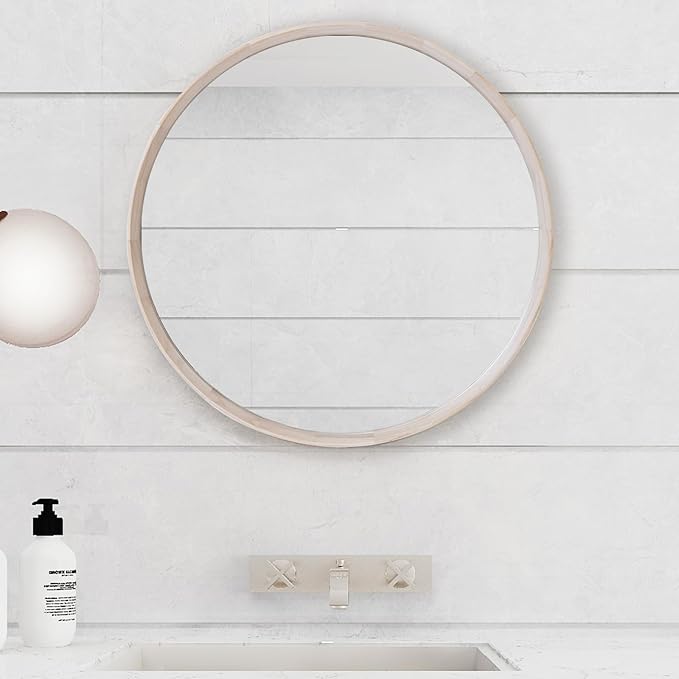 Natural Wood Round Mirror, 28 Inch - Large Wall Circle Mirror for Bathroom or Nursery Decor
