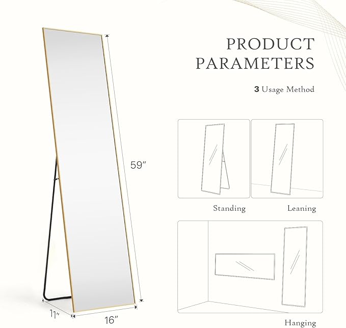 Mirror Full Length, Upgraded Body Wall Mirrors with Shatter-Proof Glass, Floor Standing, Hanging or Leaning, Tall Mirror with Stand Aluminum Alloy Frame for Bedroom