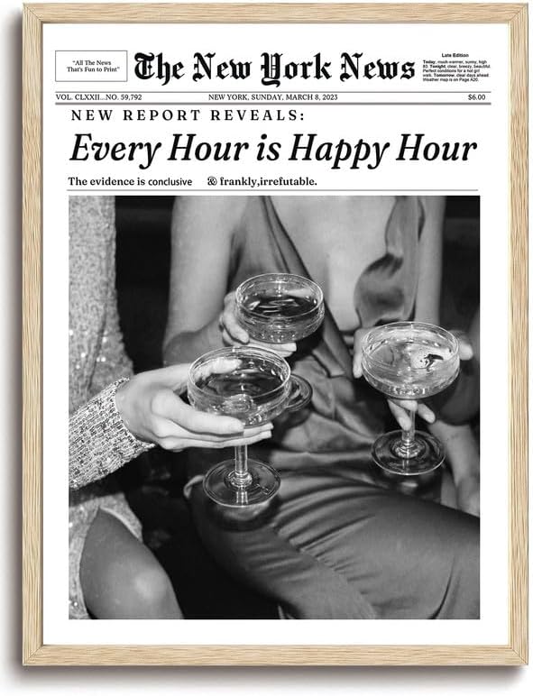 Bwodke OAK Wood Framed Wall Art Every Hour Is Happy Hour Canvas Art Vintage Newspaper Pictures Wall Decor News Prints Trendy Artwork for Girly Dorm Bedroom 12"x16"
