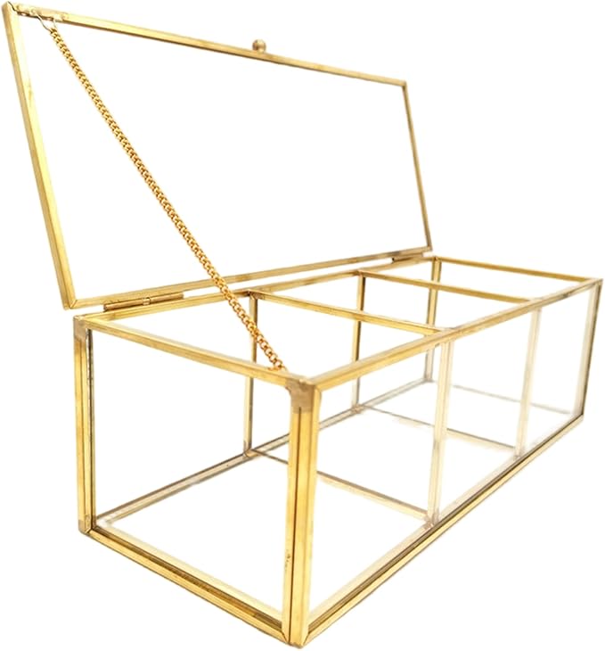 Gold Jewelry Box Gold Makeup Organizer, 3 Compartment Transparent Glass Box, 9.1x3.5x2.8 Inch Jewelry with Lid for Dresser Desktop