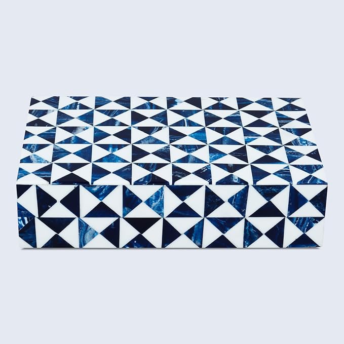 Handicrafts Home Blue and White Decorative Storage Box with Lid– Coffee Table Storage Box, Handmade Resin Inlay Wooden Box, Remote Control Holder, Decorative Organizer, Keepsake & Jewelry Box - 8x5x2