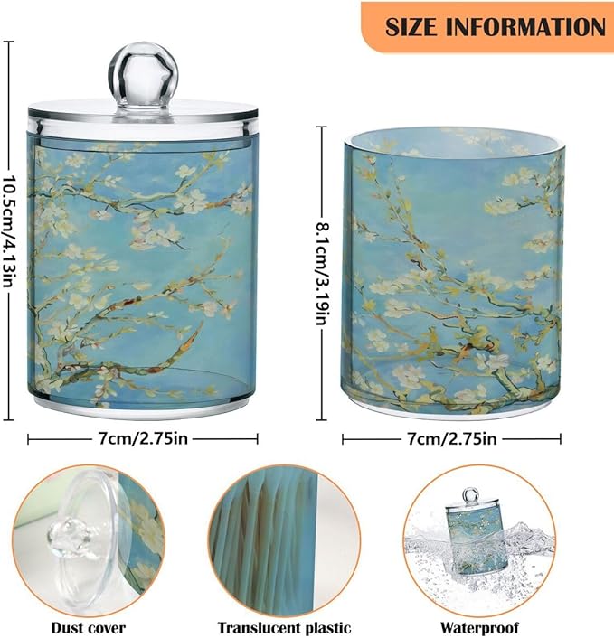 Qtip Holder Dispenser for Cotton Ball, Cotton Swab, Cotton Round Pads Clear Plastic Apothecary Van Gogh Almond Blossom Jar Set for Bathroom Canister Storage Organization, Vanity Makeup Organizer