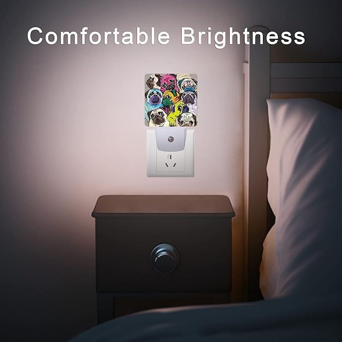 Dog Night Light,Colorful Pugs Dogs Night Lights Plug into Wall with Dusk to Dawn Light Sensors 0.5W Dim Lamp for Bedroom