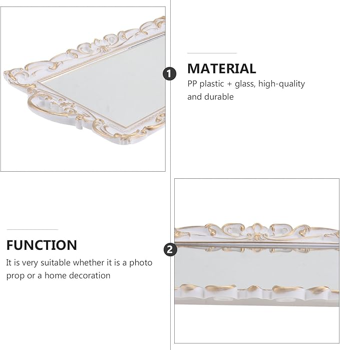 Retro Mirror Tray Decorative Storage Plate Vintage Make-Up Organizer White Rectangular Mirror Vanity Tray for Perfume Display Photography Prop Home Décor