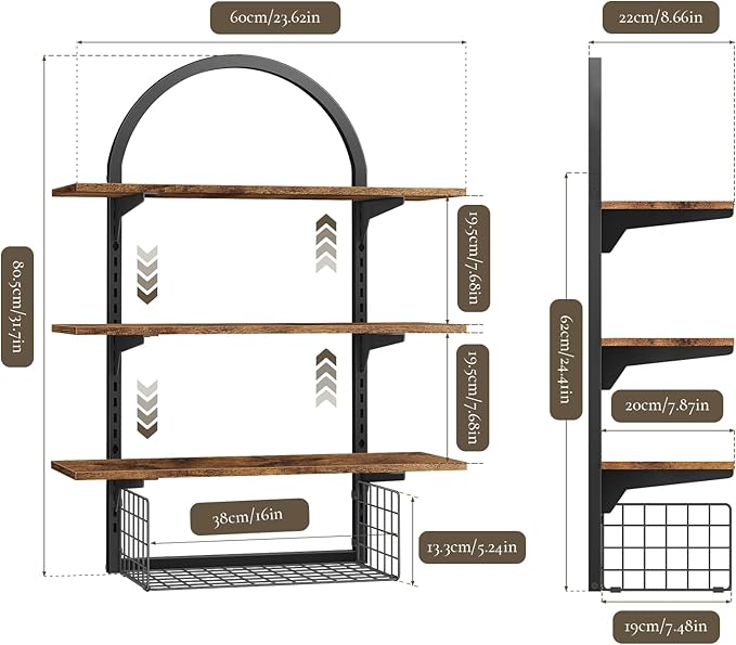 3 Tier Floating Shelf with Storage Baskets, Wall Mounted Bathroom Shelves Over Toilet, Wood Wall Shelves for Kitchen, Bedroom, Living Room, Home Organization and Decor, Rustic Brown