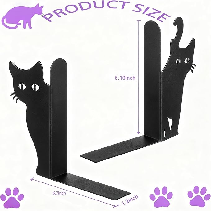 Peeping Cat Bookends Set of 2 - Heavy Duty Metal Bookends for Study & Office Bookshelf, Decorative Cat Lover Gifts, Non-Slip Book Organizers with Whimsical Peeking Cat Design