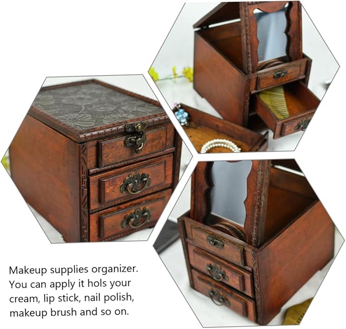OUNONA Vintage Chinese Jewelry Box with Mirror Multi Functional Jewelry Storage Organizer for Makeup and Accessories Dustproof Wooden Case Ethnic Style Vanity Decor Gift