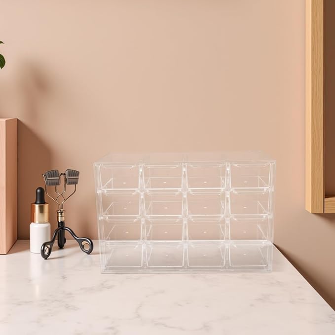 Clear Jewelry Storage Box Earring Holder With Drawers - 16 Grids Jewelry Makeup Organizer Clear Ring Display Case For Beads Nail Tips Necklace Stationery 9.43x6.09x3.85