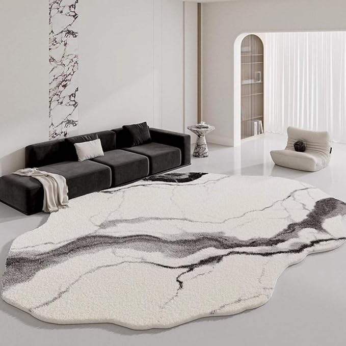 Ultra Soft Washable Abstract Shaped Rug Cream White Gray Marble Irregular Area Rug for Living Room Bedroom Nursery Low Pile Carpet Non Shedding Non Slip Under Dining Coffee Table Floor Mat 7x12