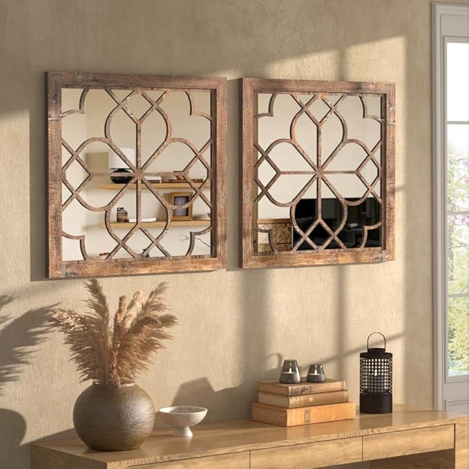 Set of 2 18 Inch Large Square Redbrown Window Pane Wall Mirrors, Shatterproof Rustic Farmhouse Boho Vintage Accent Mirrors for Living Room, Bedroom, Bathroom, Entryway & Home Decor