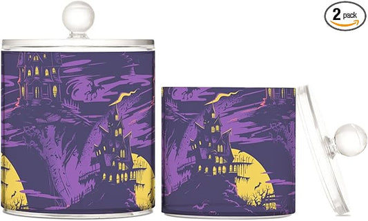 Haunted House on Haunted Hill Purple Clear Plastic Makeup Organizer Storage with lid Bathroom Essentials Decorative Dental floss storage jar for Cotton Swabs,Cotton Pads,Floss Picks,Paper
