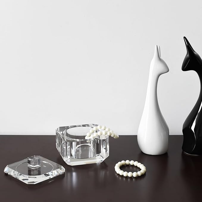 Crystal Candy Dish with Lid, Clear Candy Containers Desk Decor, Jewelry Box Candy Jar W 4" x H 3.5", Comes With Gift Box