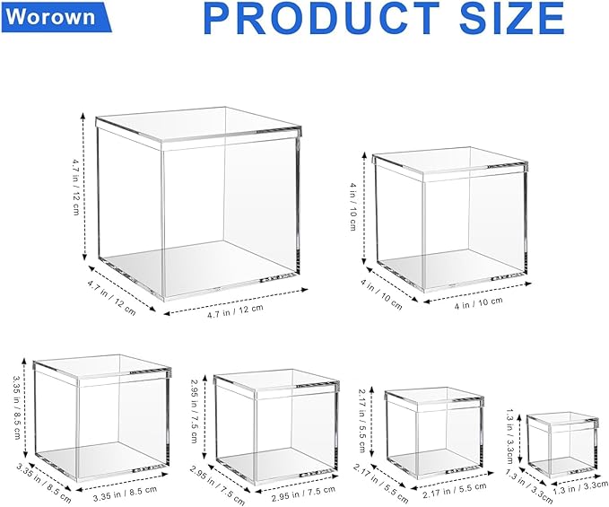 Worown 6 Pcs Acrylic Cube Box with Lid, Clear cube Candy Storage Container, Acrylic Square Cube Boxes for Figures, Cosmetics, Jewelry, Collections (Size 1.3", 2.2", 3", 3.3", 4", 4.7")