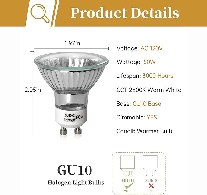 Elenhome 120v 50W GU10 Bulb for Candle Warmer Lamp, 2pcs gu10+c Dimmable 2800K Warm White Halogen Light Bulbs 2 pin, Wax Burner Light Bulb, Full Glass Cover Reflector Track & Recessed Light Bulbs