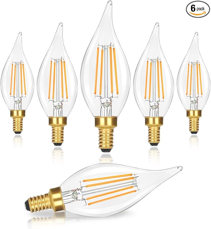 GoBright Dimmable E12 LED Candelabra Bulb 40W Equivalent, 460LM Soft Warm White 2700K Candle Light With Vintage Flame Tip, 4W CA10 Clear Glass for Chandelier, Pendant, 6-Pack
