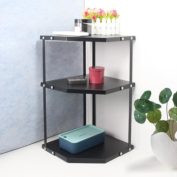 HUIJIN Black,3-Tier Kitchen Corner Rack,Shelves Corner Shelf Stand Holder,Multipurpose Triangular Storage Shelf Organizer,Corner Pot Rack