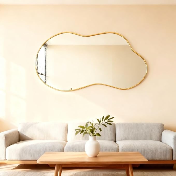 Itrue 20x36 Inch Gold Framed Irregular Tempered Glass Wall Mirror, Asymmetrical Vanity Mirror for Bathroom, Bedroom, Entryway
