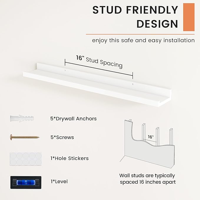 FLYJOE Picture Ledge Shelf, Floating Shelves Set of 2, 32 Inches Nursery Book Shelves for Toys Storage, Kids Bookshelf Wall Mounted for Living Room Bedroom Decor Books Photo Frames, White