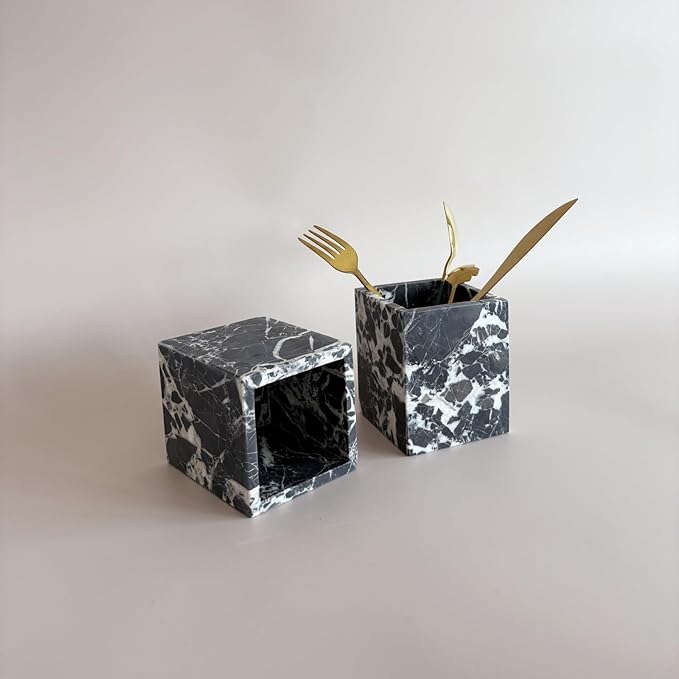 Natural Marble Stone Square Storage Container Empty Vessel Holder Cup for Candle/Pens/Sundries items (Calacatta Black)