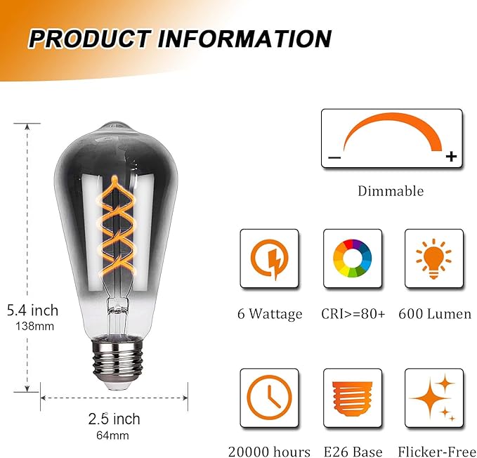 E26 ST64 LED Edison Bulbs 60 Watt Equivalent, 6W Dimmable Vintage Decorative Lights, 3000K Warm White Smoky Grey Glass Spiral Filaments Design, 4 Pack