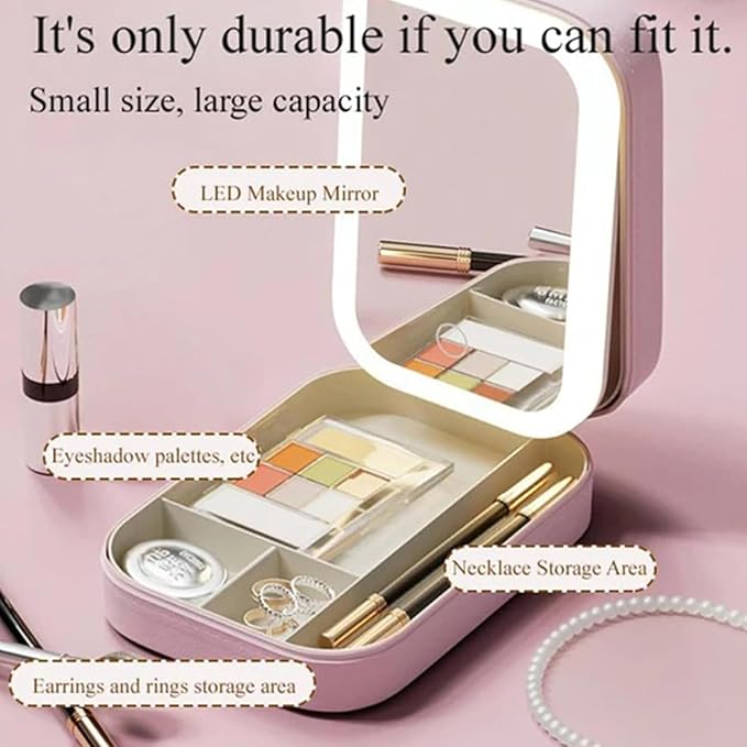 Integrated Makeup Storage Box With Light-Filling Mirror,Led Complementary Light Cosmetic Case,Makeup Storage Box With Led Light Mirror,Portable Cosmetics Case,Touch Control & Zipper Design (Pink)